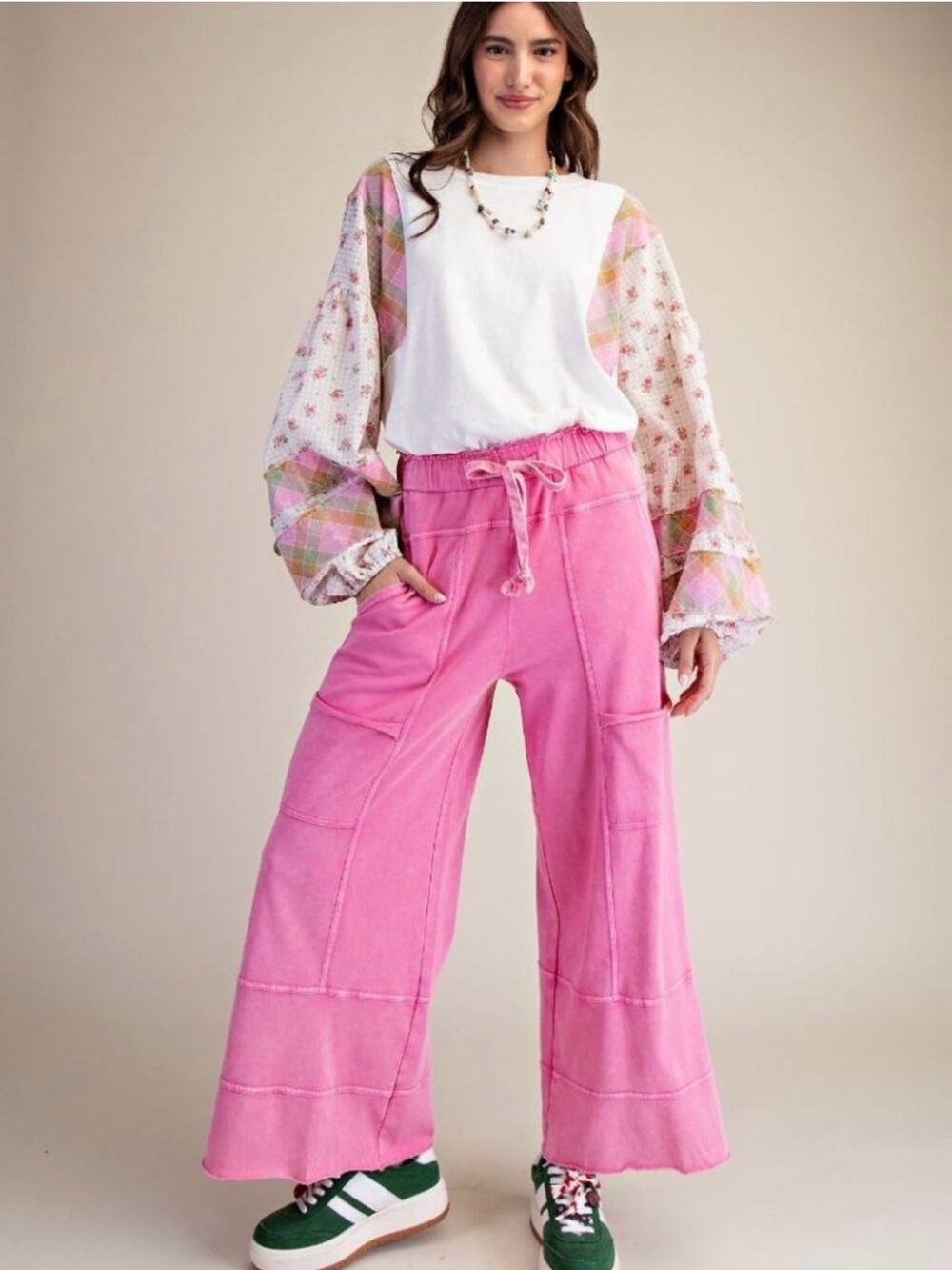 EASEL Pink Wide-Leg Drawstring Patch-Pocket Pants